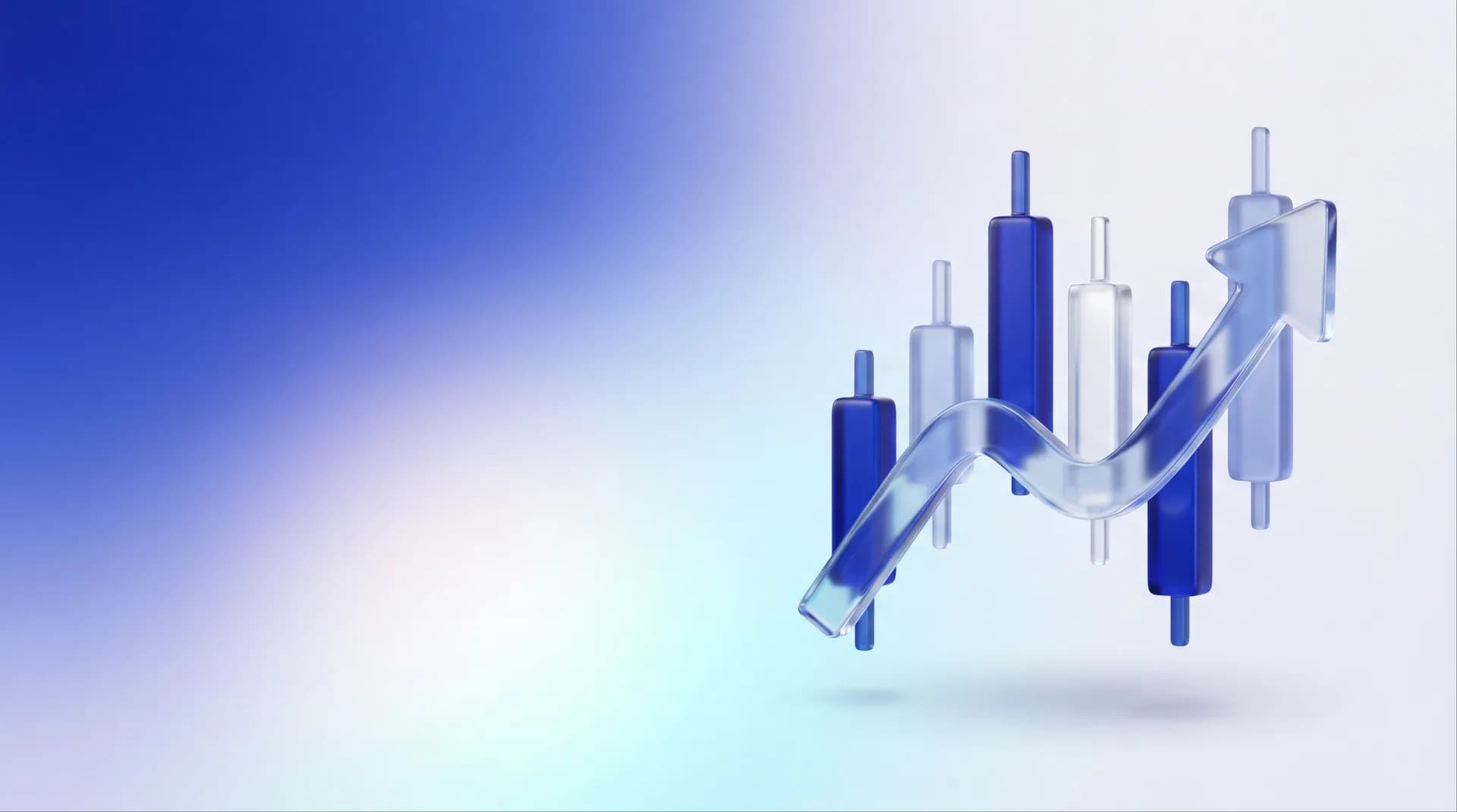 Glassy 3D chart with rising candlesticks and an upward trend arrow