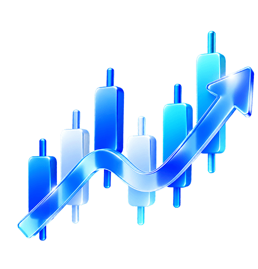 Glassy 3D candlesticks with a rising trend arrow