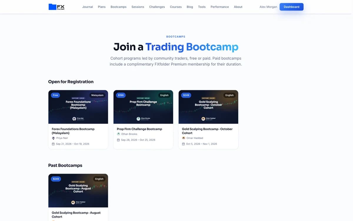 The bootcamps page listing cohorts open for registration with price, language and dates
